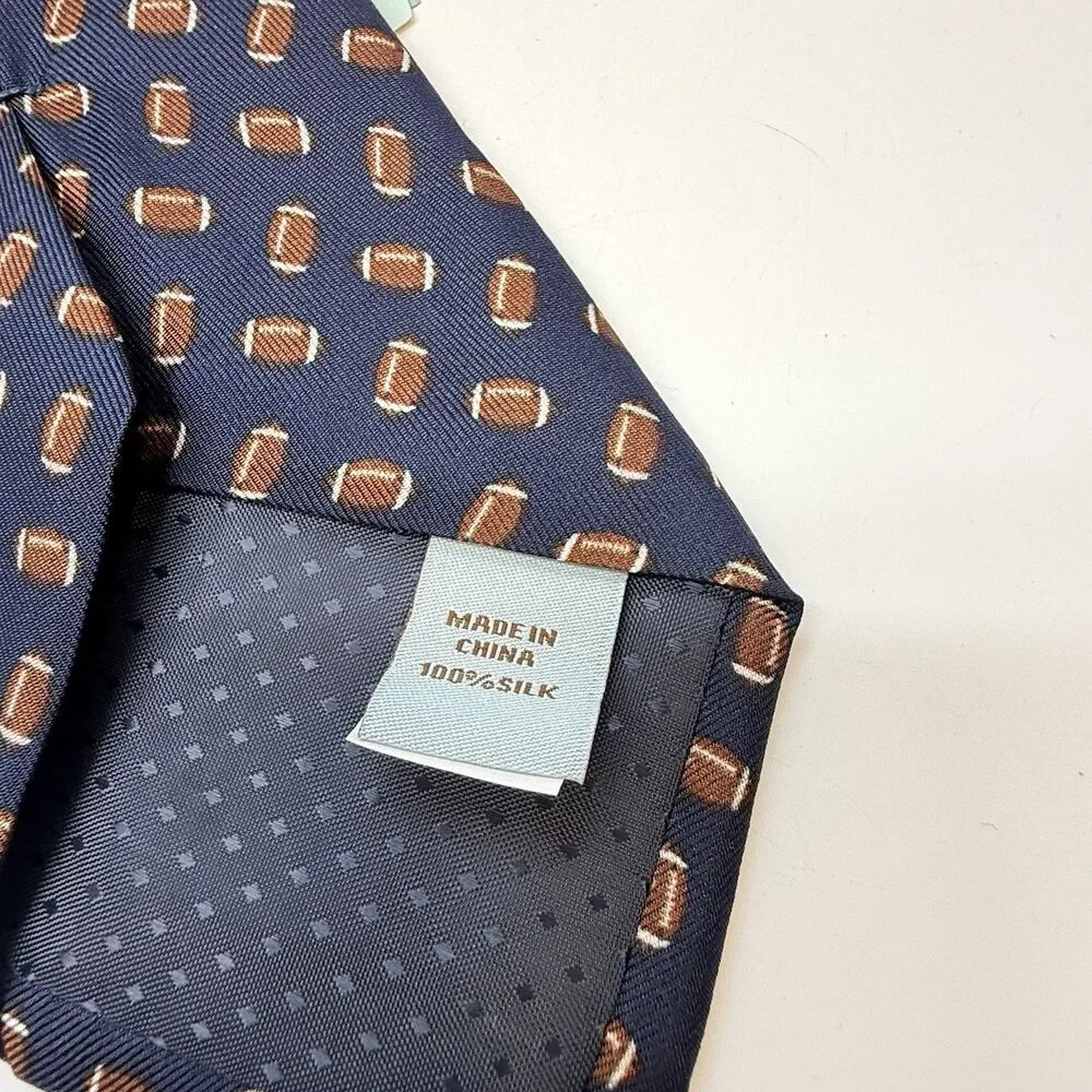 Class Club Boys Navy Blue W/Brown Football Print 100% Silk Zipper Neck Tie New